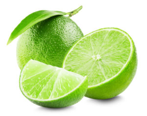 Lime with slice and leaf isolated on white background.